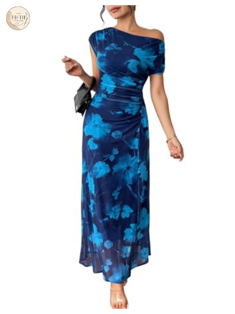 Off Shoulder Floral Maxi Dress Ruched Waist Party Wedding Guest